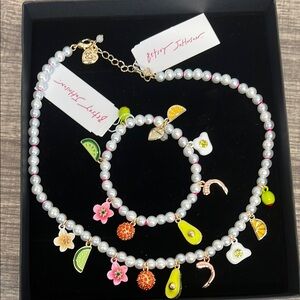 Betsey Johnson | White Pearl Necklace & Bracelet w/Charms 🥑🍉🌸🍊🫒